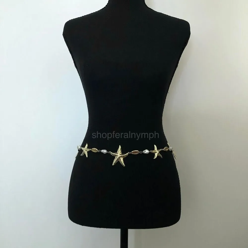 Y2K Mermaidcore Gold Starfish Shell Chain Belt, Fits 24–38 Inches, X7GA1157